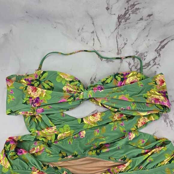 J Crew One Piece Green Criss Cross Cut Out Green Bikini Swim Suit Floral - Picture 6 of 14